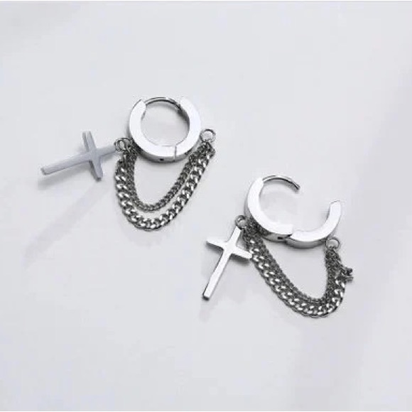 Mens Double Chain Cross Earring - Picture 5 of 9